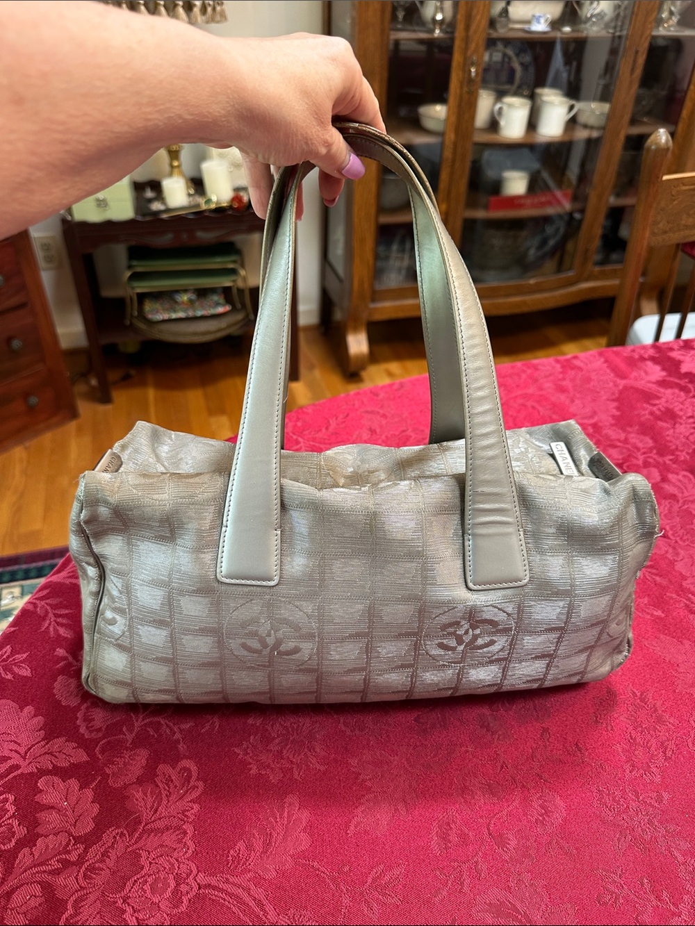 Chanel Champagne Silver Nylon Shimmer Travel Ligne Baguette